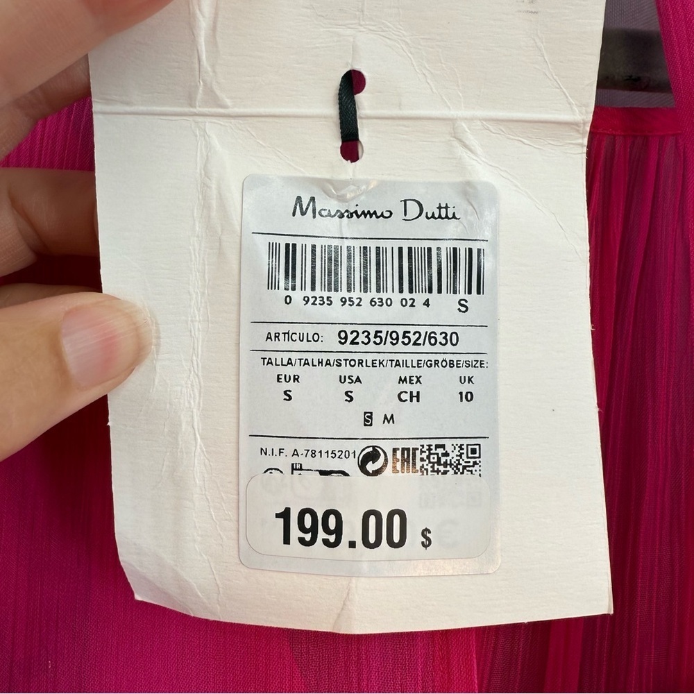 Massimo Dutti Hot Pink Gathered Maxi Dress Puff Sleeves Size Small NWT - Picture 5 of 10